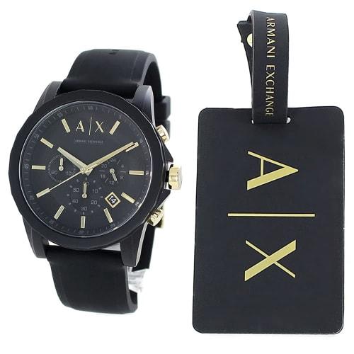 Armani Exchange Men's [Special Box Set] Chronograph Watch with Travel Tag and Name Tag, Black and Gold, AX7105