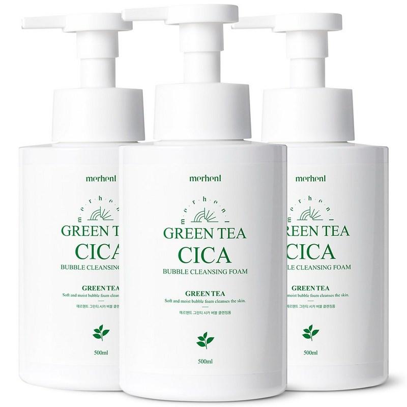 Merhent Green Tea Cica Bubble Cleansing Foam 500ml Mildly Alkaline Deep Cleansing Facial Wash Cleanser Foam Cleanser, 3 pcs