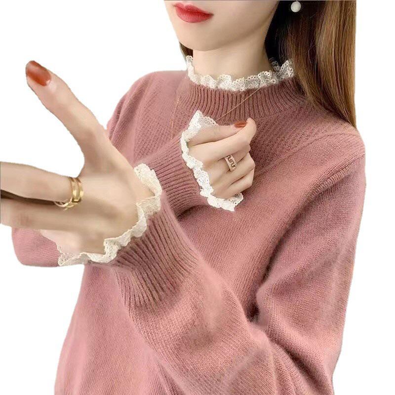 Women's Lace Patchwork Half-High Neck Knit Sweater - New Winter Arrival