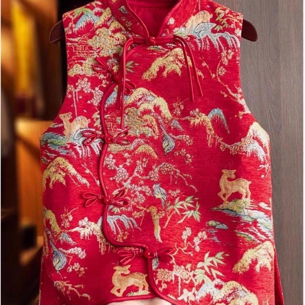 New retro jacquard buckle new vest femininity versatile red vest