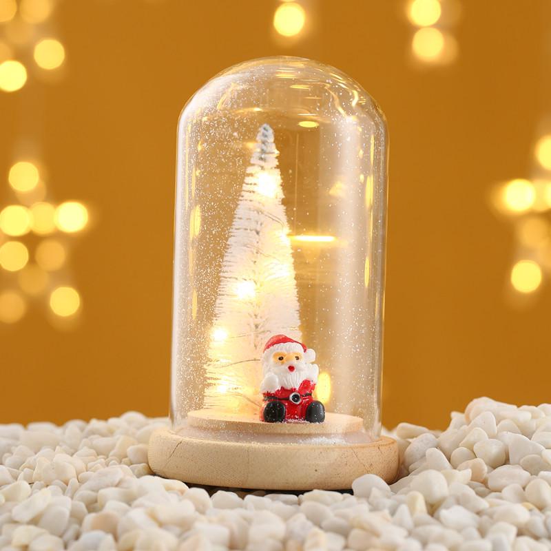 Glowing Mini Christmas Tree in Wooden Glass Dome - Creative Desktop Ornament & Christmas Decoration