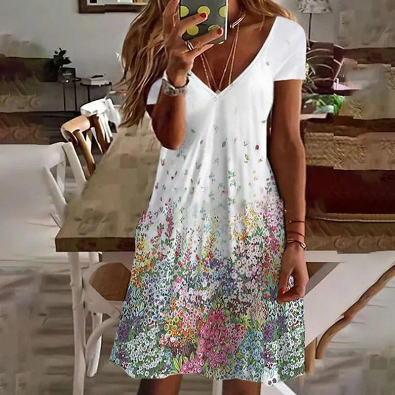 Summer Fashion Women's V Neck Short Sleeve Retro Beautiful Flower Printed  Dress Sex Short Skirt Dresses