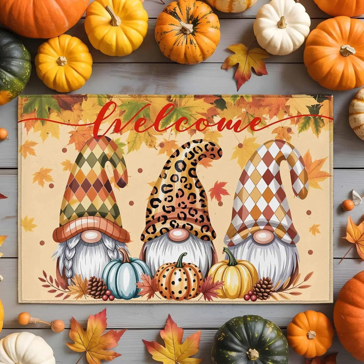 

Thanksgiving Gnome Welcome Mat, Autumn Pumpkin Design Non-Slip Indoor/Outdoor Doormat, Bedroom Entrance Rug, Home Decor 40x60cm 16x24inch