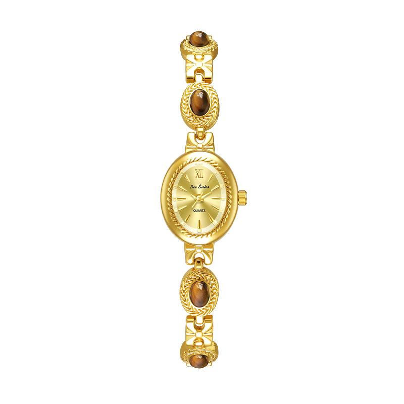 Vintage Oval Damenuhr Armbanduhr mit natürlichem Tigeraugenstein IP-beschichtete Legierung Quarz Uhr Retro Leichter Luxus Damenuhr für Kleider