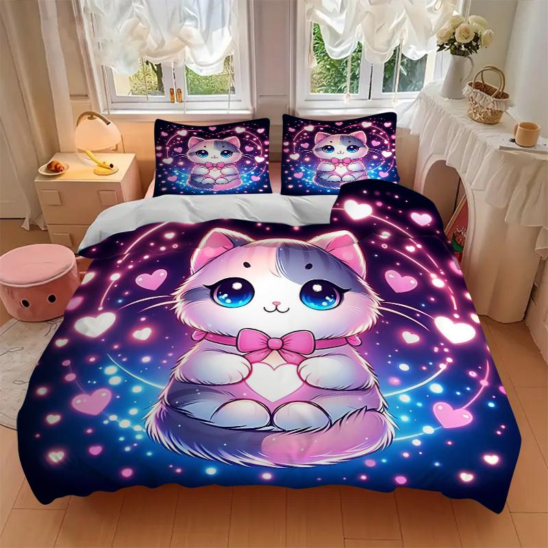 3pcs Sweet Love Cat Design Pattern Bedding Three-Piece Set (1 Cover + 2 Pillowcases, No Fillings), This Printed Bedding Set Is Soft and Comfortab