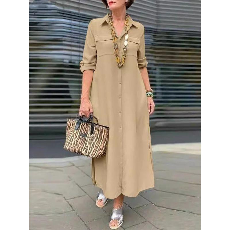 Loose Long-Sleeved Lapel Dress Elegant Solid Long sleeve Button Lapel Plus size dresses