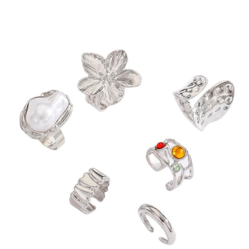 Trendy Cross-Border Metal Flower Open Ring Set - Women's Fashion Accessories