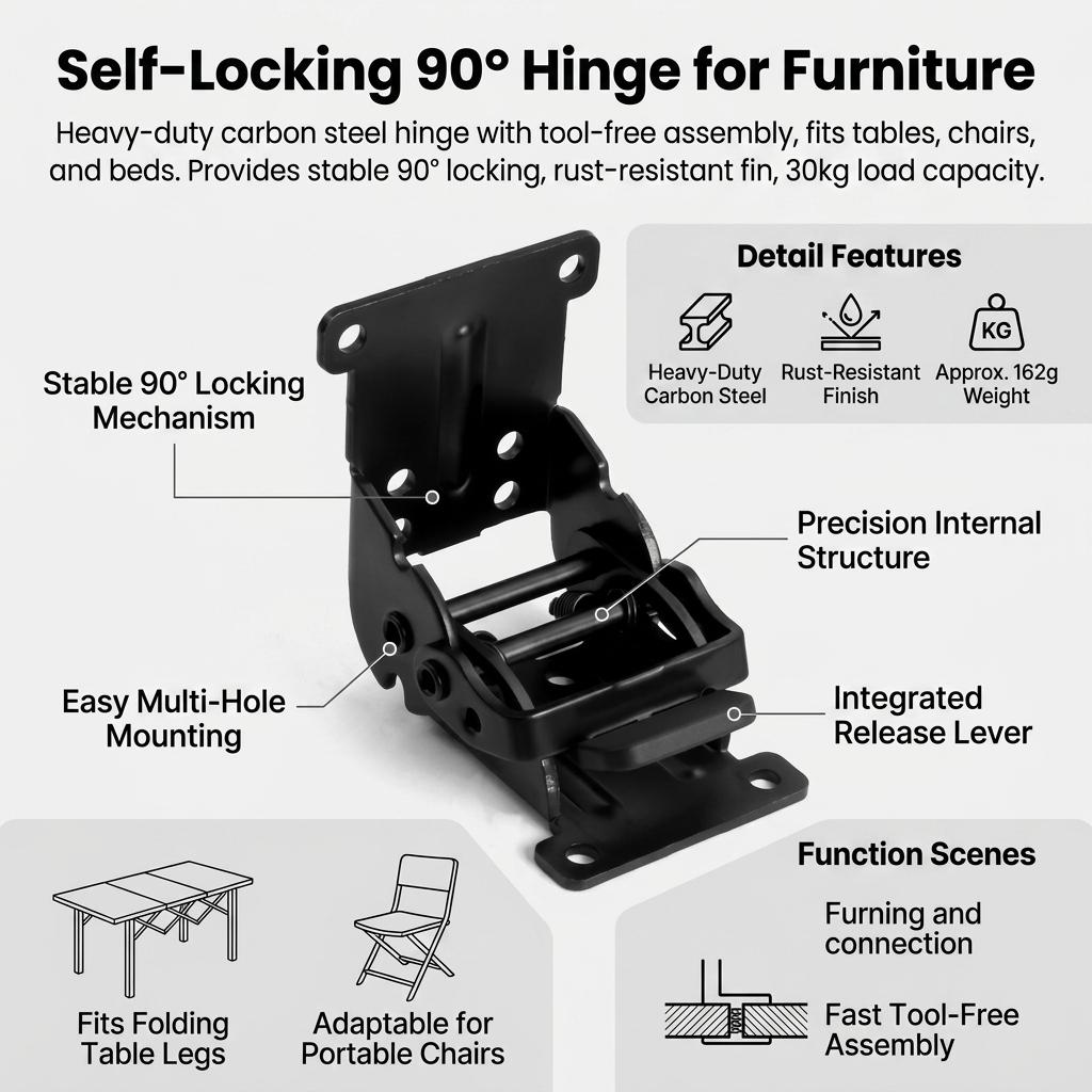 90 Degree Self Locking Folding Hinge Heavy Duty Carbon Steel Support Bracket for Table Chair Bed Legs