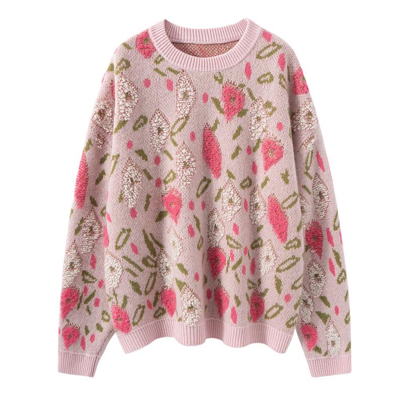 Cashmere Peach Blossom Jacquard Heavy Brushed Sweater, Round Neck, Loose Fit, Thick Wool.