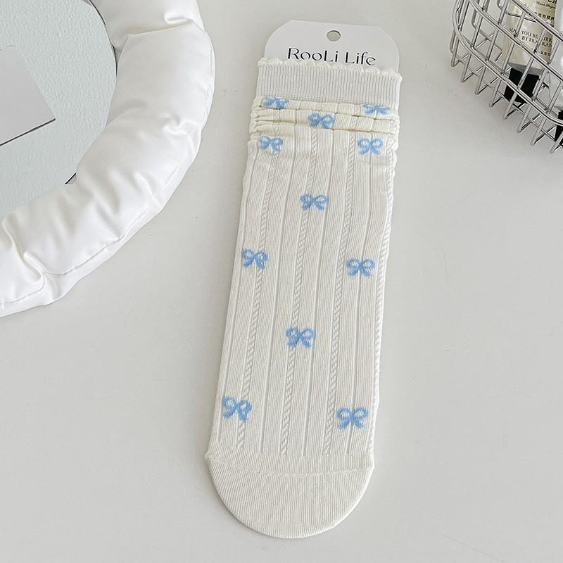 White Socks Pure Cotton Stacking Socks Lace Bow Cute Girl Spring And Autumn Thin Cotton Medium Tube Socks Women