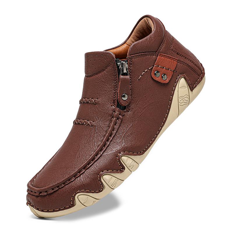 2025 nya stora herrstövlar i läder mode handstickade ankelstövlar platta korta stövlar dragkedja vardagsskor