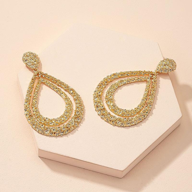 Europe and America Exaggerated Vintage Metal Waterdrop Earrings for Women Girls Double Layered Long Earrings Chunky Jewelry Gift