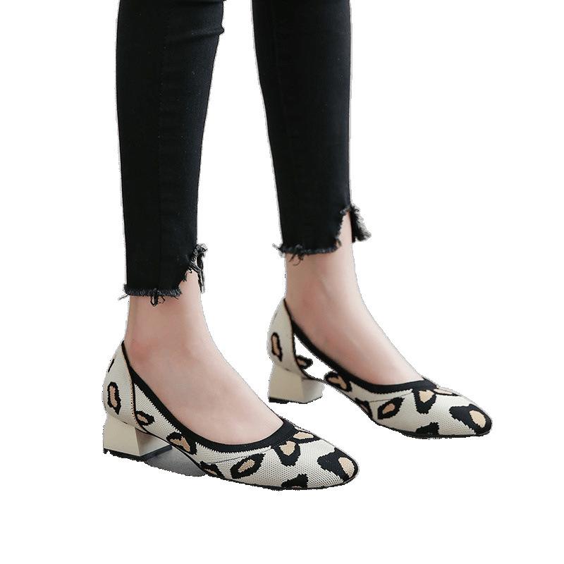 High Heel Square Head Single Shoes Women's Medium Heel Flying Weaving Leopard Print Women's Coarse Heel Comfortable Weaving High Heels
