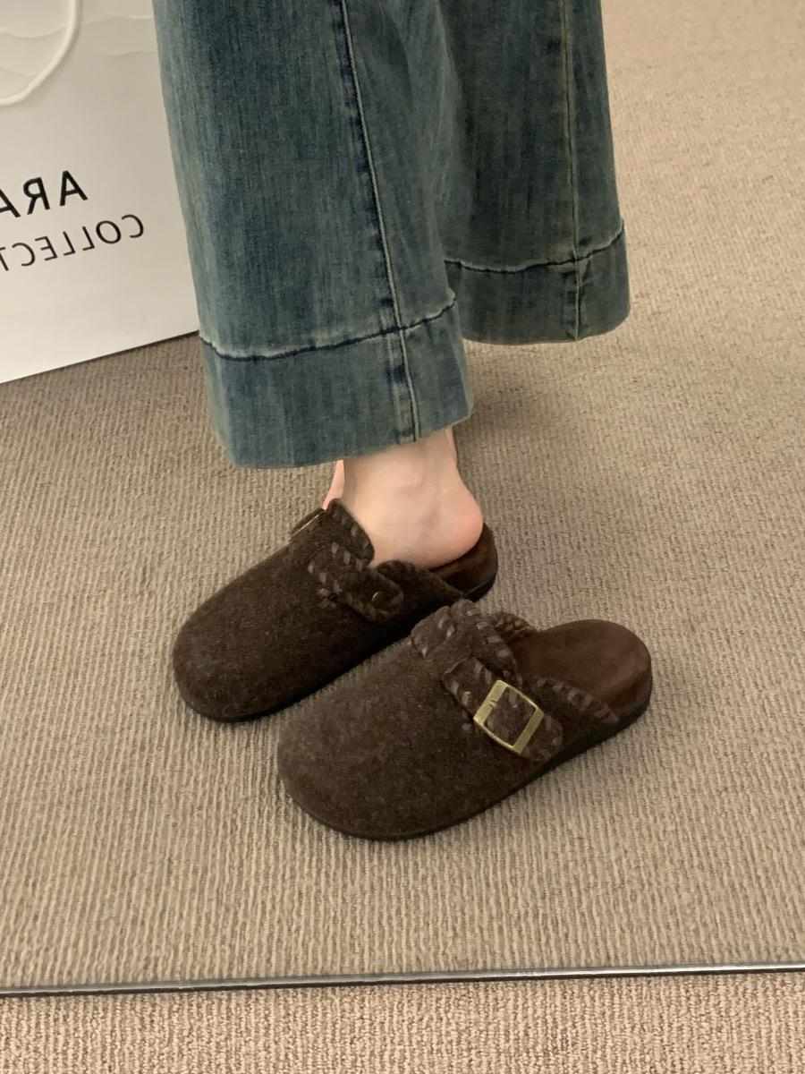 

Cowhide version~ Retro evening wind bag head half slippers women wear a pedal on the outside, thick-soled gray woolen boken shoes women 40