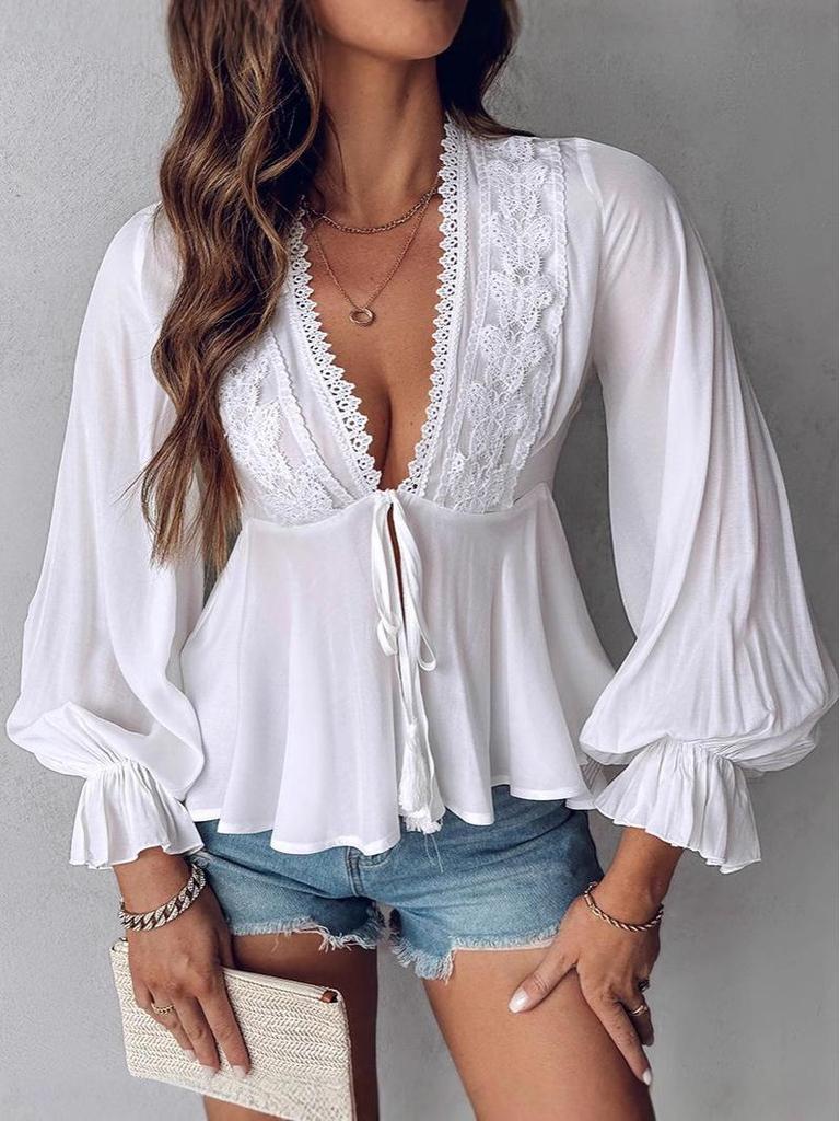 2024 Autumn Bow Lace V-neck Long-Sleeve Top for European & American Markets