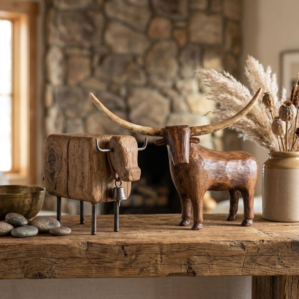 Vintage Style Longhorn Bull Sculpture Western Style Rugged Sheep Cow Figurine Handcrafted Rustic Longhorn Bull Craft Ornament