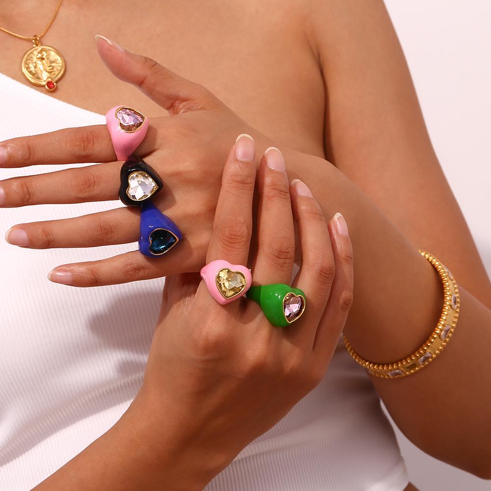 MamacitaSlay Süß und Bunt Emaille Edelstahl Herz Strass Offener Ring Party Trend Wasserdichter Schmuck Damengeschenk