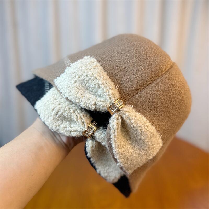 Women's Autumn and Winter Fashionable Warm Bowknot Fisherman Hat, Internet Celebrity Bucket Hat, Korean Style Versatile Knitted Hat