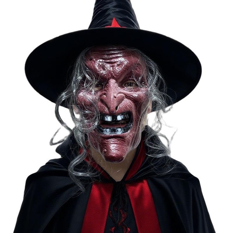 Realistic Scary Old Witch Mask with Hat & Gray Hair Durable Horror Prop for Halloween Costume Party Prank Activities