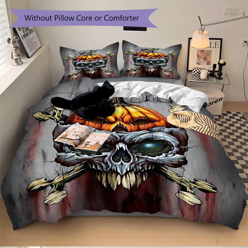 3pcs bedding set Pumpkin Skull Includes 1 Comforter + 2 Pillowcases, Without Pillow Inserts, Soft Comfortable, Lightweight Breathable, Print