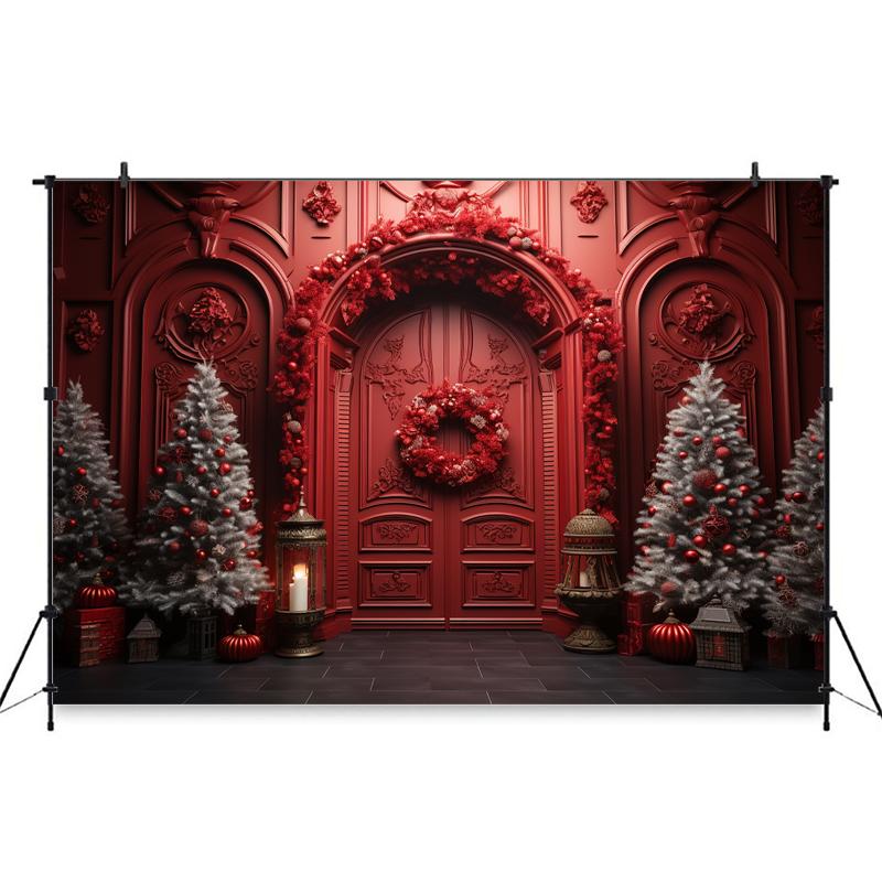 Mocsicka Christmas Red Door Background For Photography Xmas Tree Adult Kids Children Backdrop Banner Decoration Studio Photozone