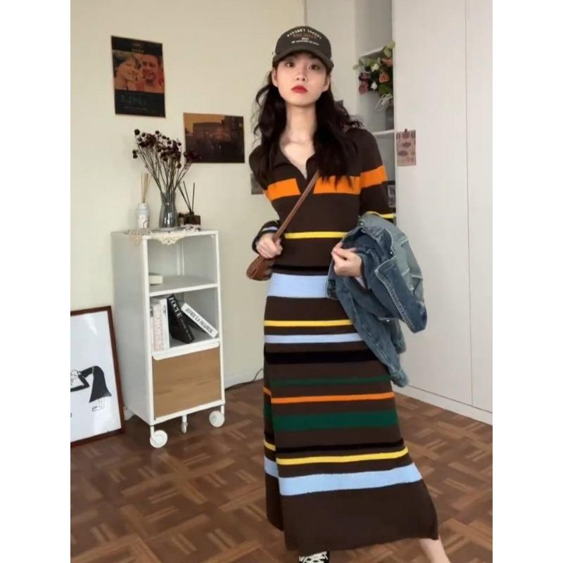 

PO полосатое трикотажное платье с длинным рукавом осень новый женский одежда облегающий свитер длинная юбка XL