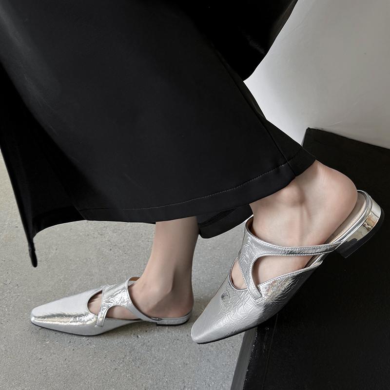 Fashion 2025 New Summer Women Mules Genuine Leather Women Shoes Cover Toe Shoes Squared Toe Low Heel Sandals Modern Slippers