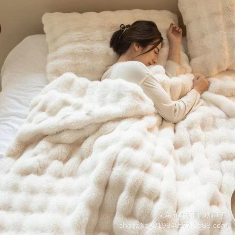 Tuscany Faux Rex Rabbit Double-Sided Bubble Fleece Throw Blanket