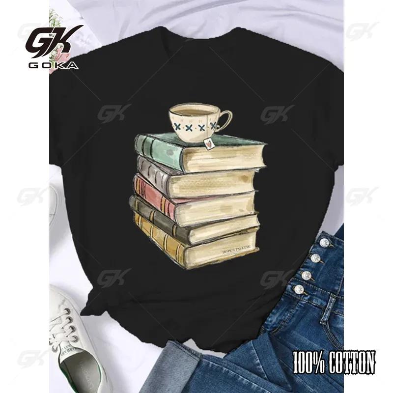 

Кофе Книги Коричневые Книги Американский Ретро Хлопковая Футболка Женская Футболка с Круглым Вырезом и Рукавом Три Четверти Принтованные Топы Женские Футболки Оверсайз S