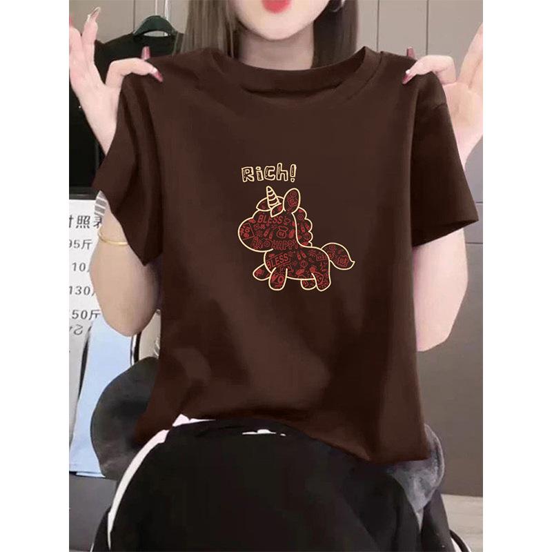 New brown shoulder pure cotton round neck short-sleeved t-shirt women s Korean version fashion foreign versatile top S