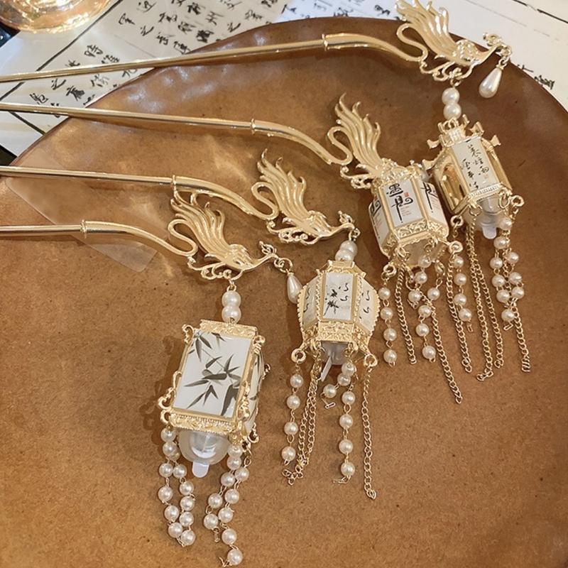 LED Lantern Dangling Hairpin Tassels Buyao Hair Stick Antique Acrylic Hair Pin for Female Chinese Costume Accessories
