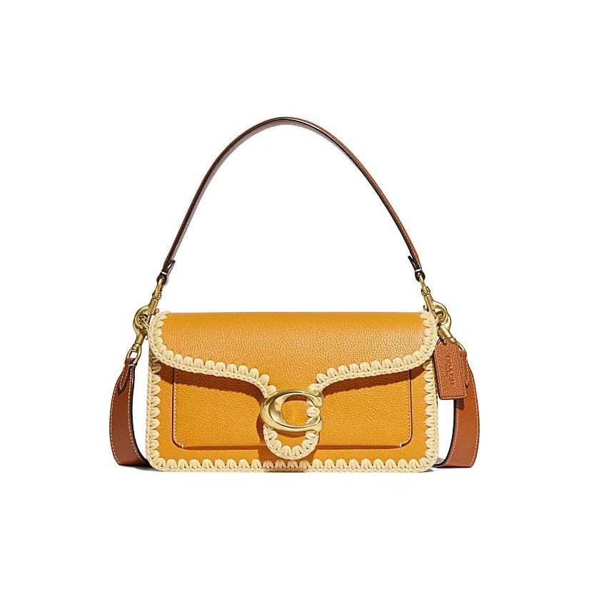 

Coach Tabby 26 Gold Letter Logo Lace Flap Crochet Woven Leather Messenger Bag Women Bags Yellow CJ639-B4UA Basic Set (Bag+Dust Bag)