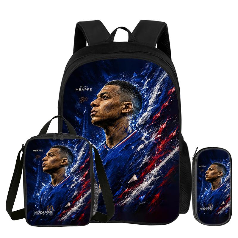 Voetbal Sportrugzak M-Mbappe 3-delige Set Schoolrugzak Leren, Reizen Etui, Lunchtas, Voetbalster Boekentas