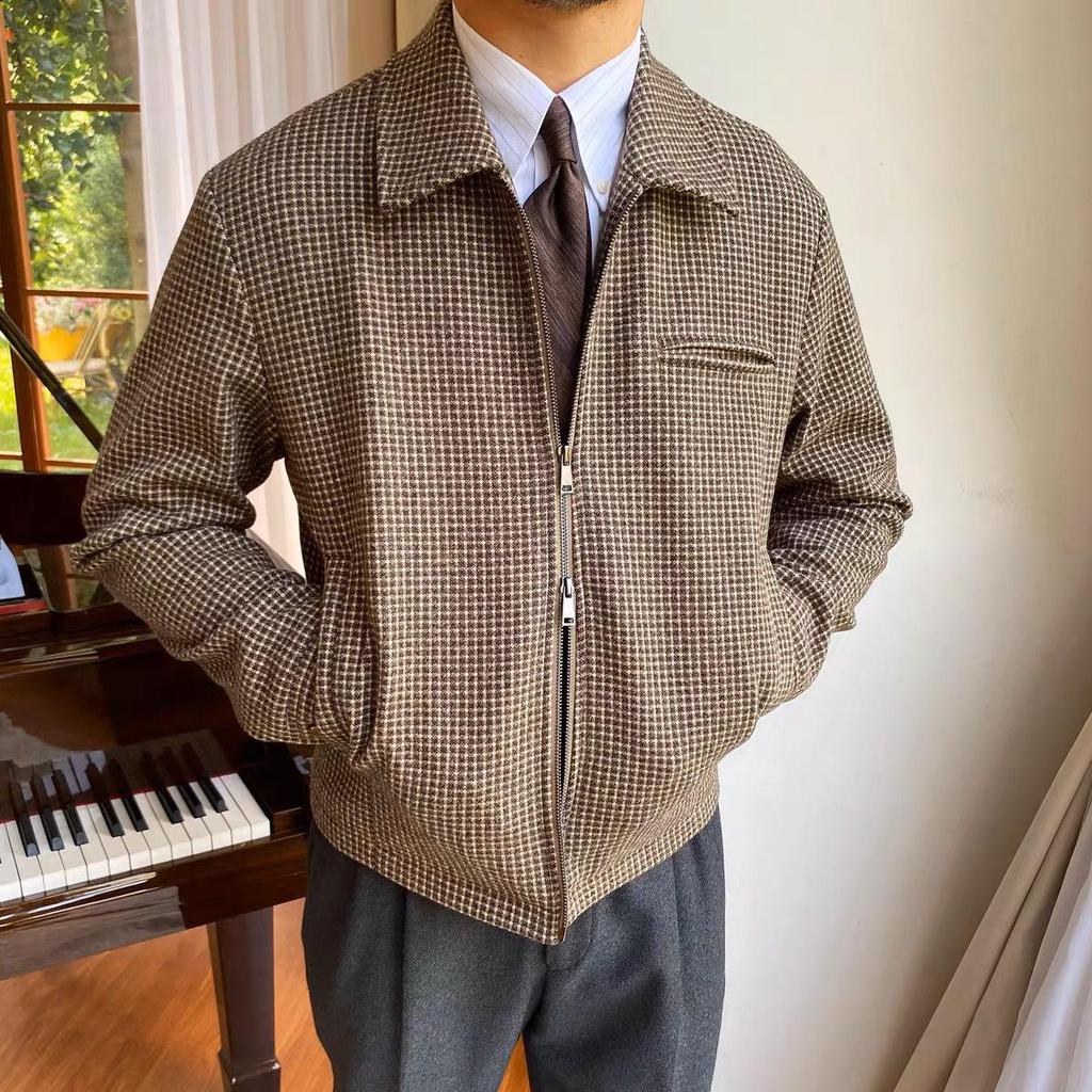 Men's Retro Houndstooth Zipper Jacket - Autumn/Winter Casual Waist-Cinching Lapel Design