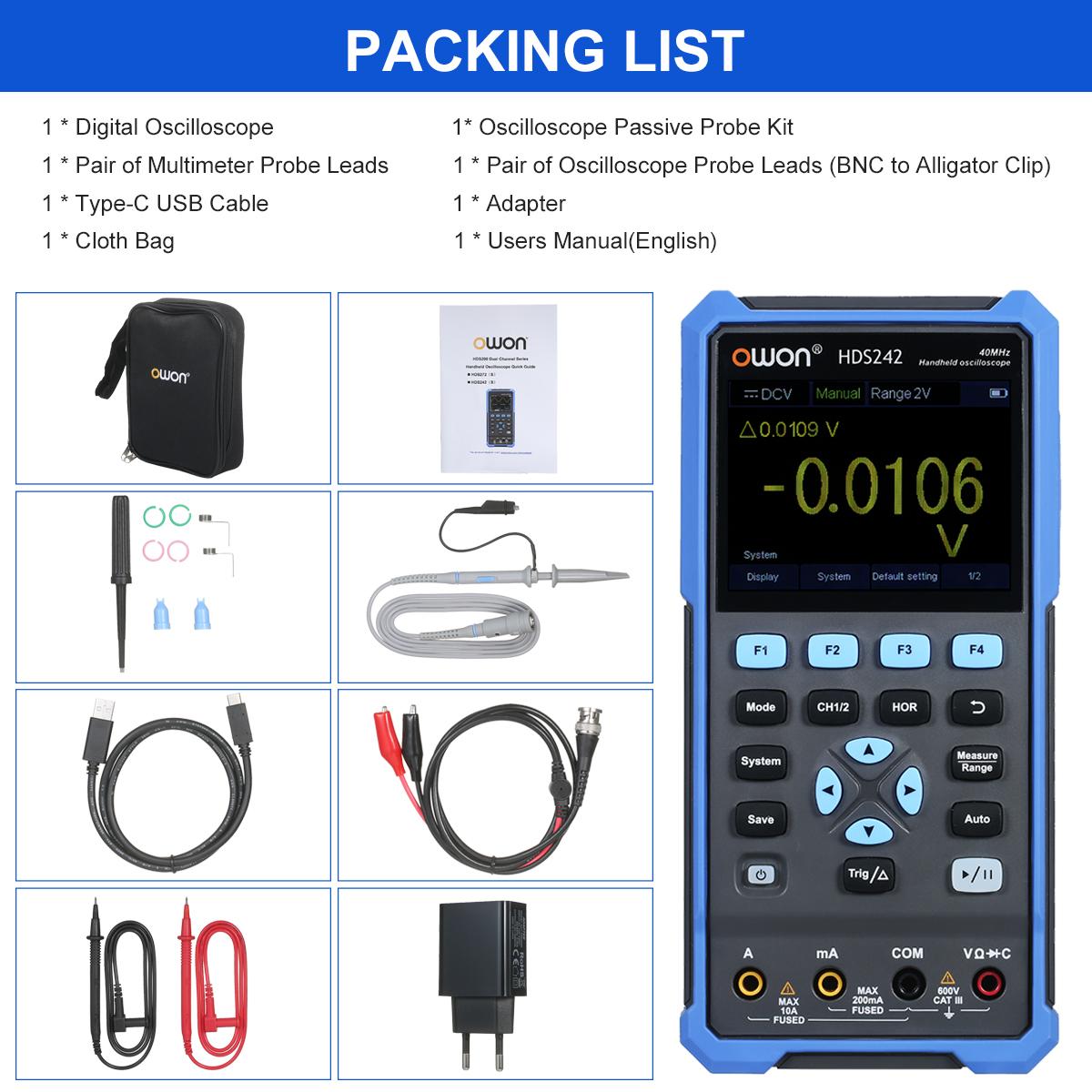 

OWON Ручний Осцилограф Мультиметр 2 канали 40 МГц Смуга пропускання 20000 відліків 2-в-1 Цифровий Осцилограф Метр EU Plug