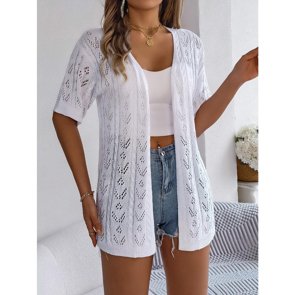 GMXIA Spring Summer Cut-out Short-sleeved Knitted Cardigan for Vacation Sun Protection Women's Wear