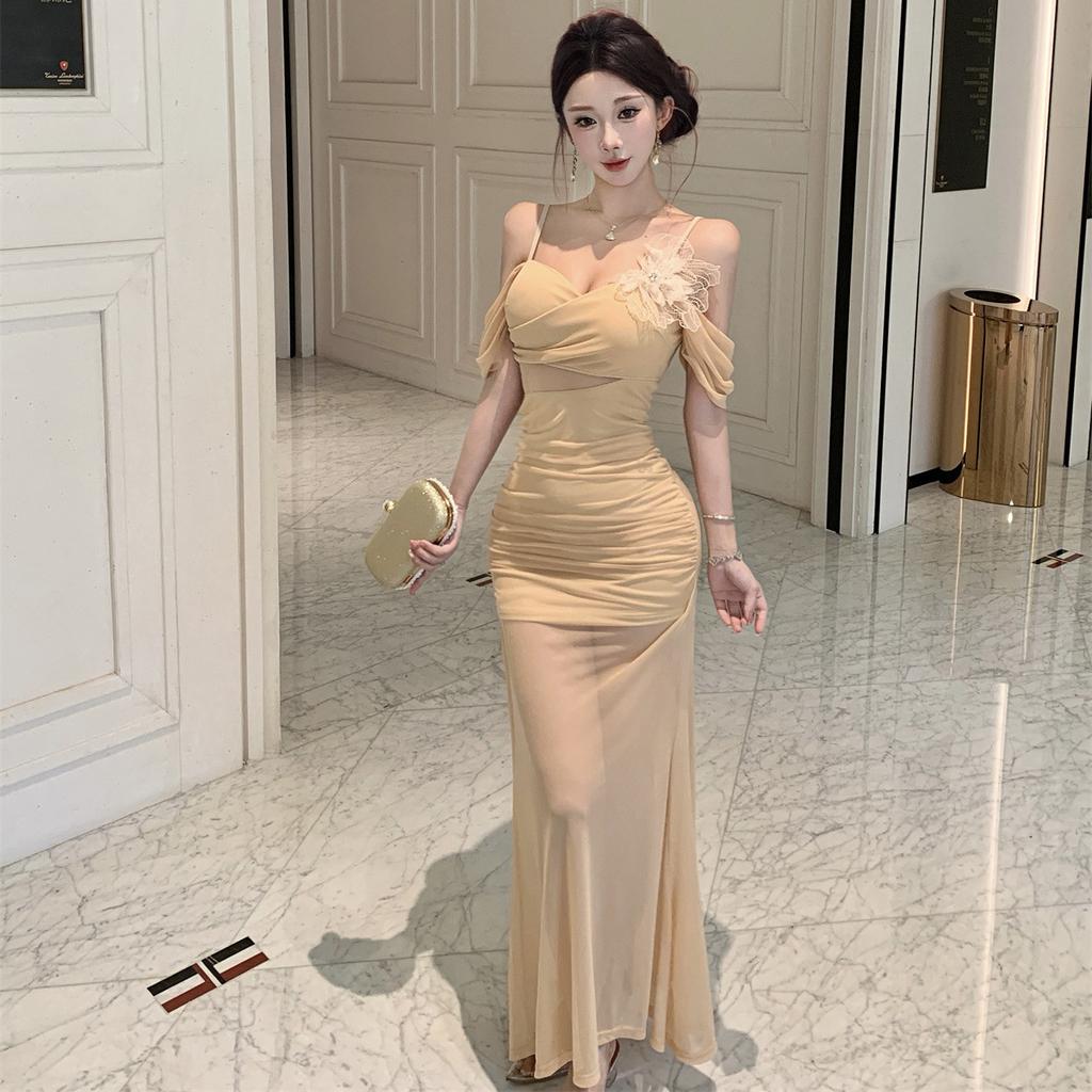 French Sexy Off-the-shoulder Mesh Suspender Dress Retro High-waisted Temperament Slim-fitting Pleated and Thin Long Hip-wrapped Skirt