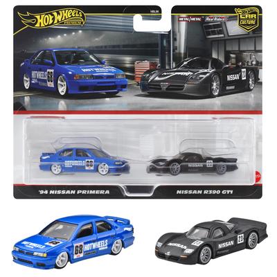 Hot Wheels Premium 2 Pack Nissan R390 Nissan Primera Vehicle Toy Mini Car Ages 3 and Up HRR74 GT1/'94 Blue/Black