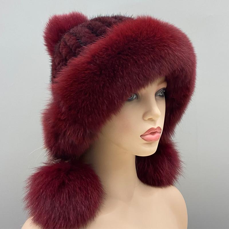 Real Mink Fur Hats Knitted Ear Cap Genuine Warm Snow Fluffy Female Fox Fur Hat Outdoor Luxury Woman Hat