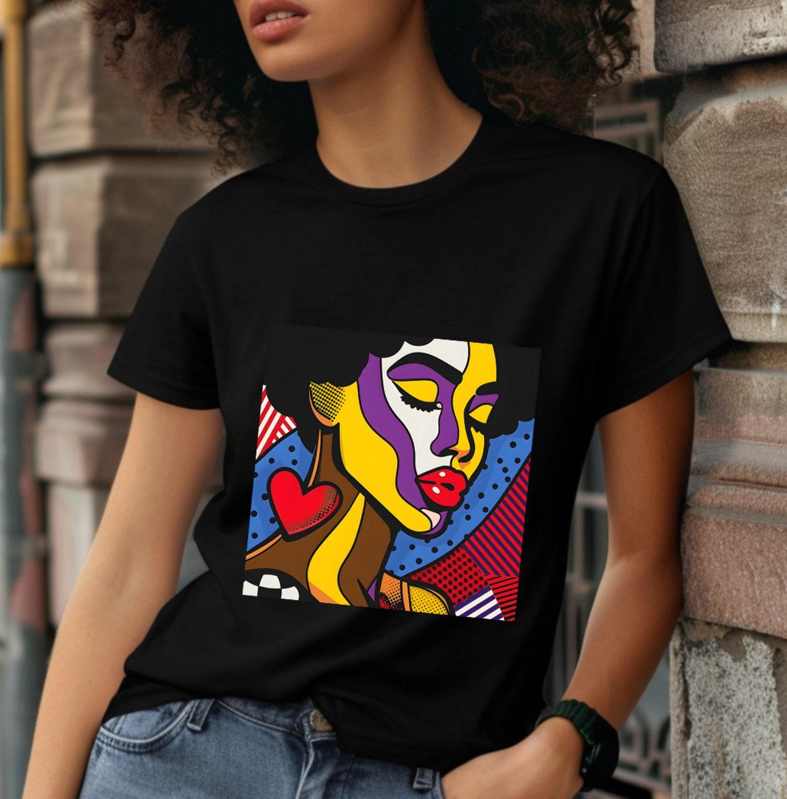 Afro Pop Art T-Shirt: Vibrant Goddess with Heart Earrings XL