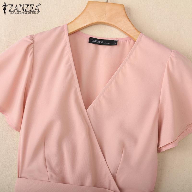 ZANZEA Women Casual V-Neck Summer Short Sleeve Pleated Dres