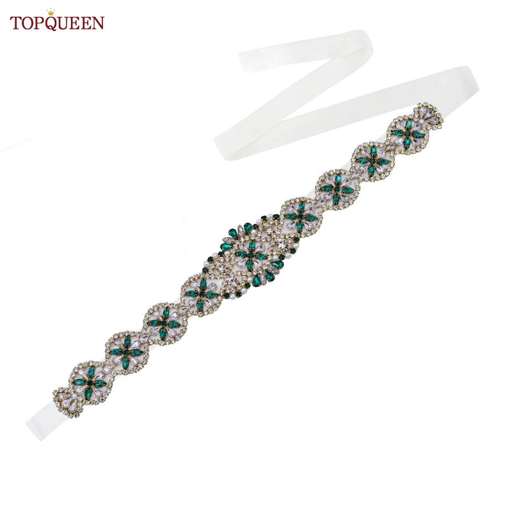 TOPQUEEN S161-KL Neuer Brautgürtel für Hochzeitskleider für Frauen in Gold, handgefertigt, Luxus-Schärpe, Zubehör für das tägliche Partykleid, grüner Strass