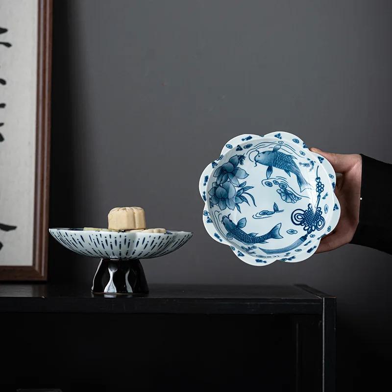Haushaltsteller im chinesischen Stil zur Aufbewahrung von Nüssen und Keksen, blauweißes Porzellan, Obstteller, Wohnzimmertischplatte, Aufbewahrungstablett für Kleinkram