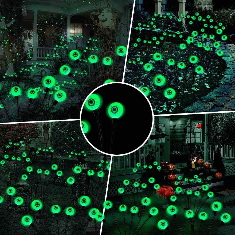 Halloween Outdoor Solar Powered Scary Eyeball Lights Led Green Eyeball Blinking Firefly Lights Waterproof Solar Path Lights