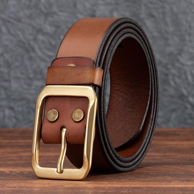 Belt Men's Leather Pin Buckle Pure Cowhide Copper Buckle Vintage Distressed Workwear Belt Soft and Durable Pure Cowhide Trouser Belt