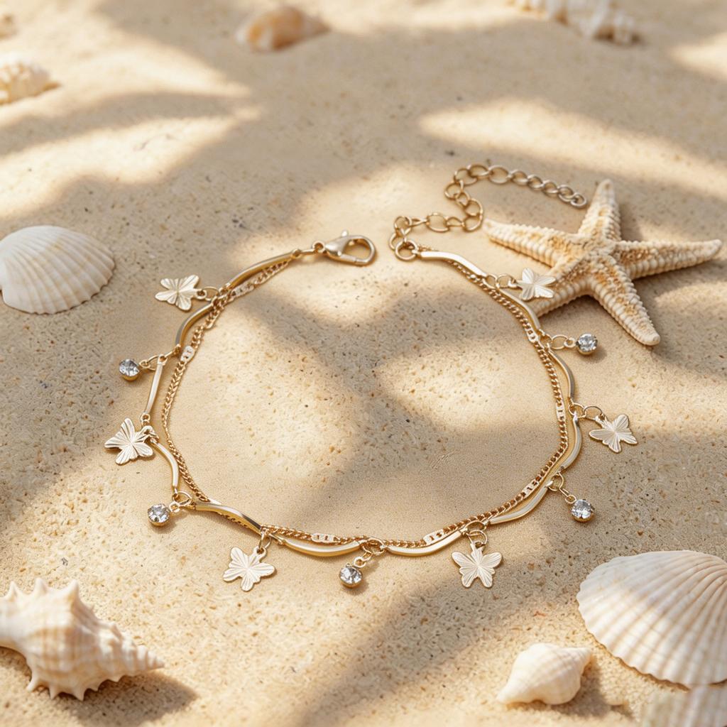 Double-layer butterfly metal cold wind anklet women's niche design sense gold chain foot chain tide