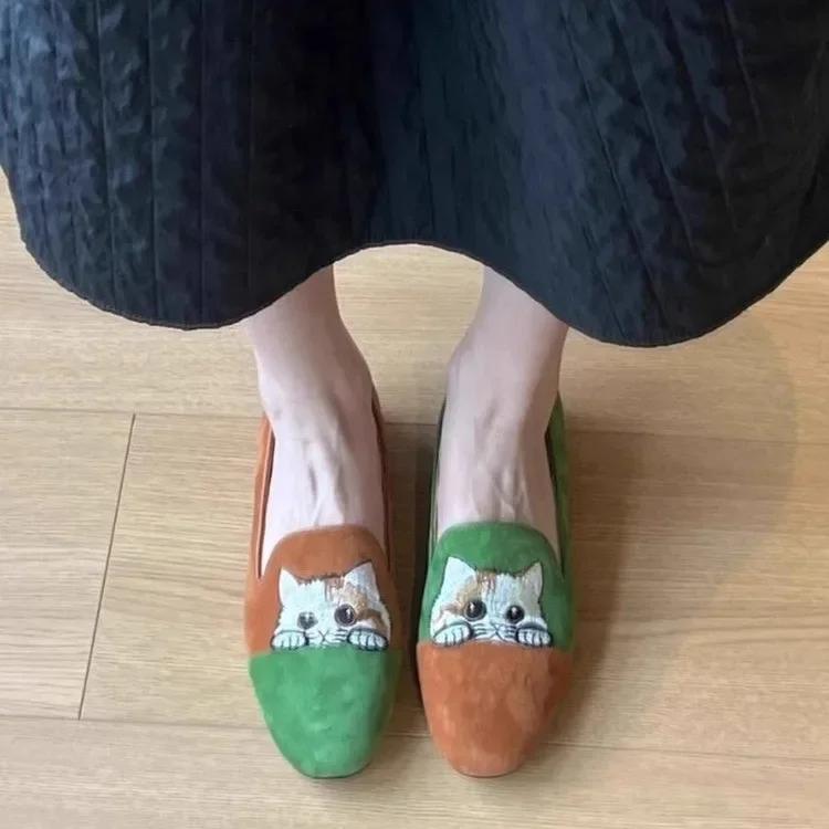Fashion Luxury Designer Fashion Women's Retro Kitten Flat Single Spring Slip-On Bean Style Comfortable Bean Shoes Cat Round Toe Shoes