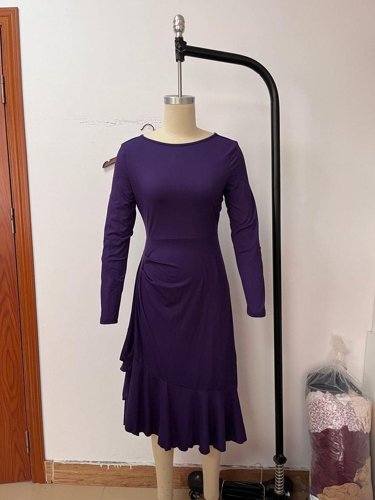 Women's Elegant Round Neck Knit Long Sleeve Dress - Spring & Autumn Evening Gown