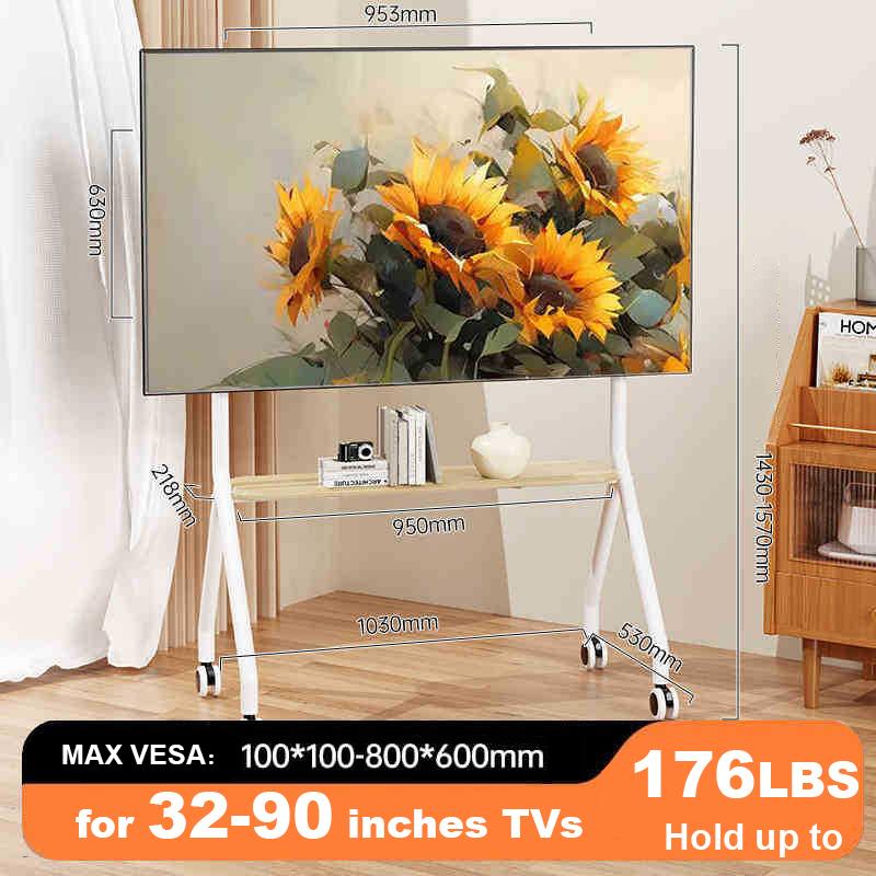 BEISHI Mobile Rolling TV Stand with Wood Shelf, Easy-to-Assemble Roller TV Cart for 32-90 Inches TVs for Living Room Outdoor