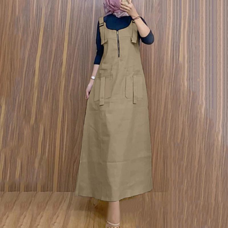 

ZANZEA Женское повседневное платье на бретелях с U-образным вырезом и молнией, свободного кроя, без рукавов